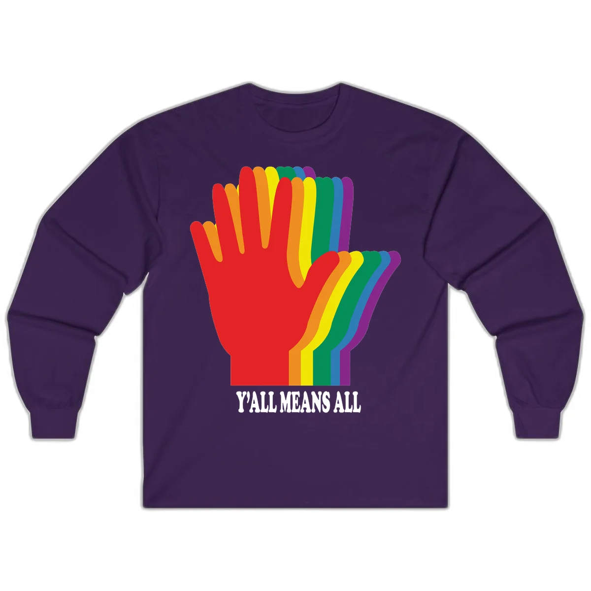 Rainbow-striped raised hand silhouette with 'Y'All Means All' text promoting inclusivity and pride in Purple