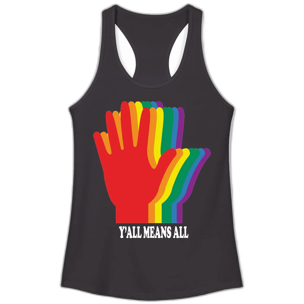 Rainbow-striped raised hand silhouette with 'Y'All Means All' text promoting inclusivity and pride in Black