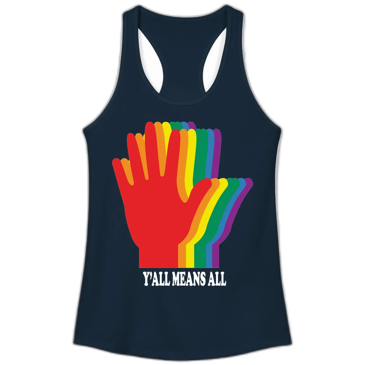 Rainbow-striped raised hand silhouette with 'Y'All Means All' text promoting inclusivity and pride in Solid Midnight Navy