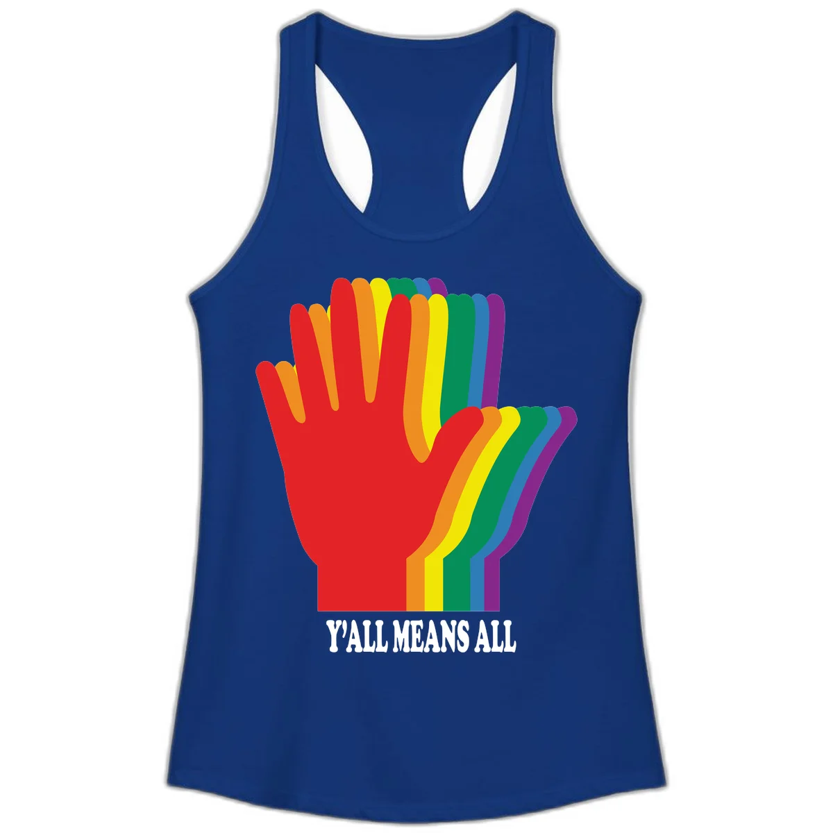 Rainbow-striped raised hand silhouette with 'Y'All Means All' text promoting inclusivity and pride in Solid Royal