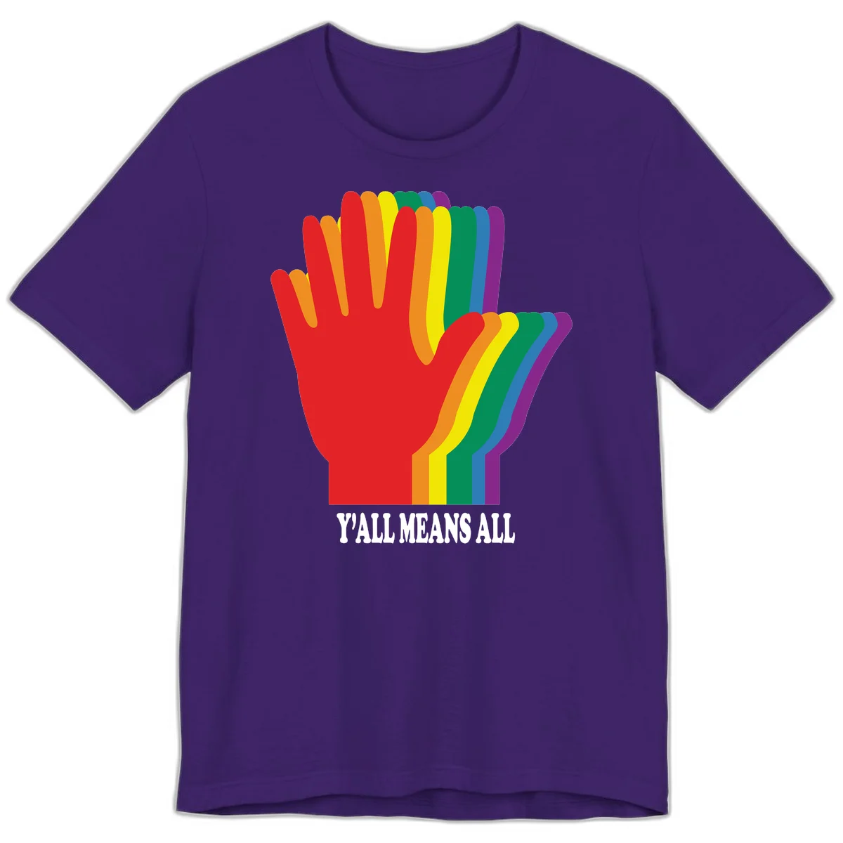 Rainbow-striped raised hand silhouette with 'Y'All Means All' text promoting inclusivity and pride in Team Purple