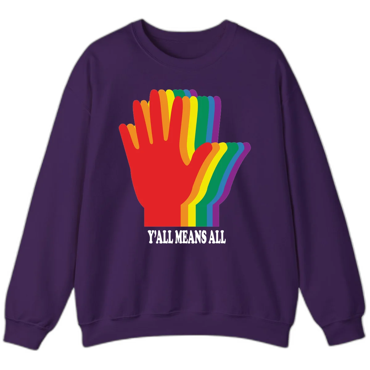 Rainbow-striped raised hand silhouette with 'Y'All Means All' text promoting inclusivity and pride in Purple