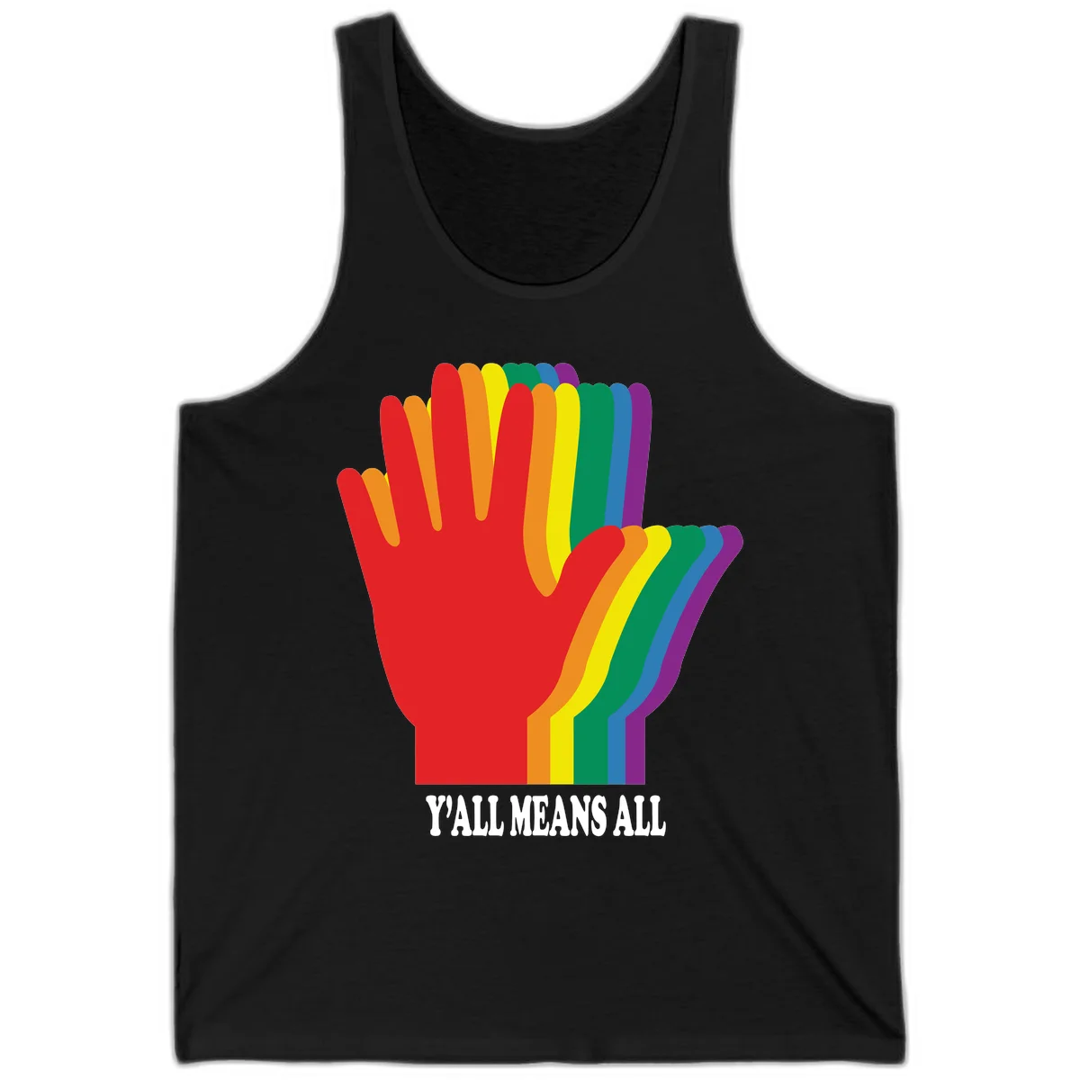 Rainbow-striped raised hand silhouette with 'Y'All Means All' text promoting inclusivity and pride in Black