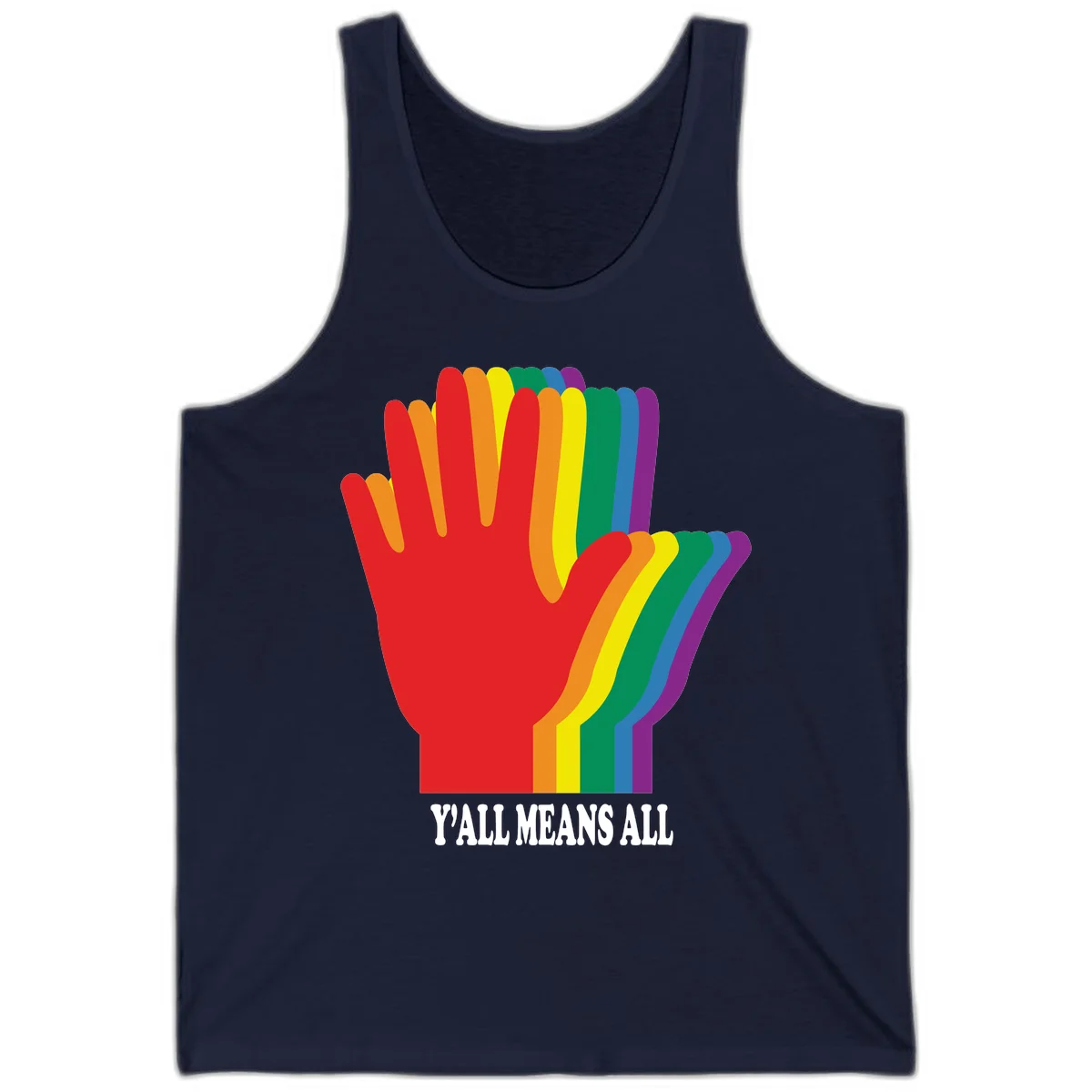 Rainbow-striped raised hand silhouette with 'Y'All Means All' text promoting inclusivity and pride in Navy