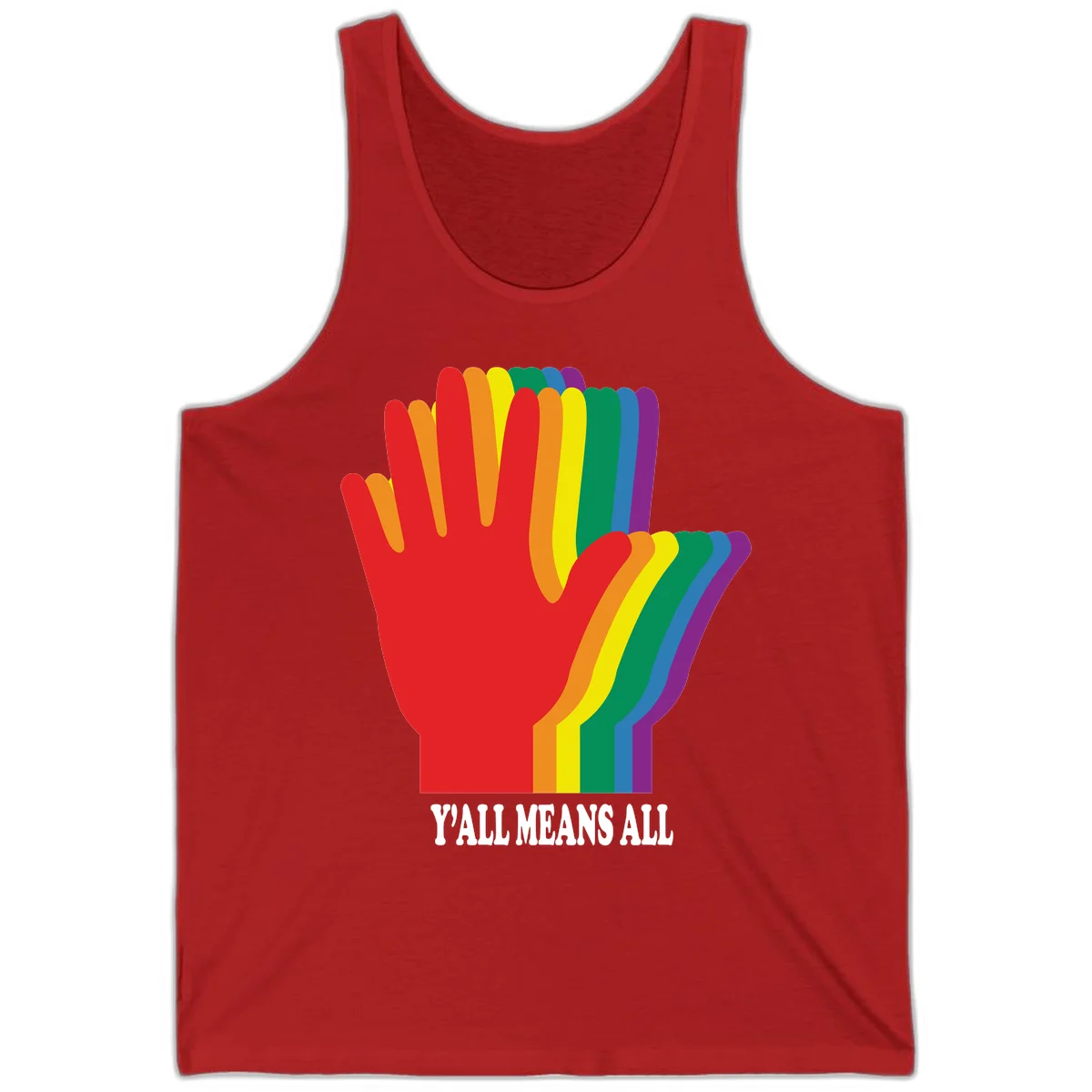 Rainbow-striped raised hand silhouette with 'Y'All Means All' text promoting inclusivity and pride in Red