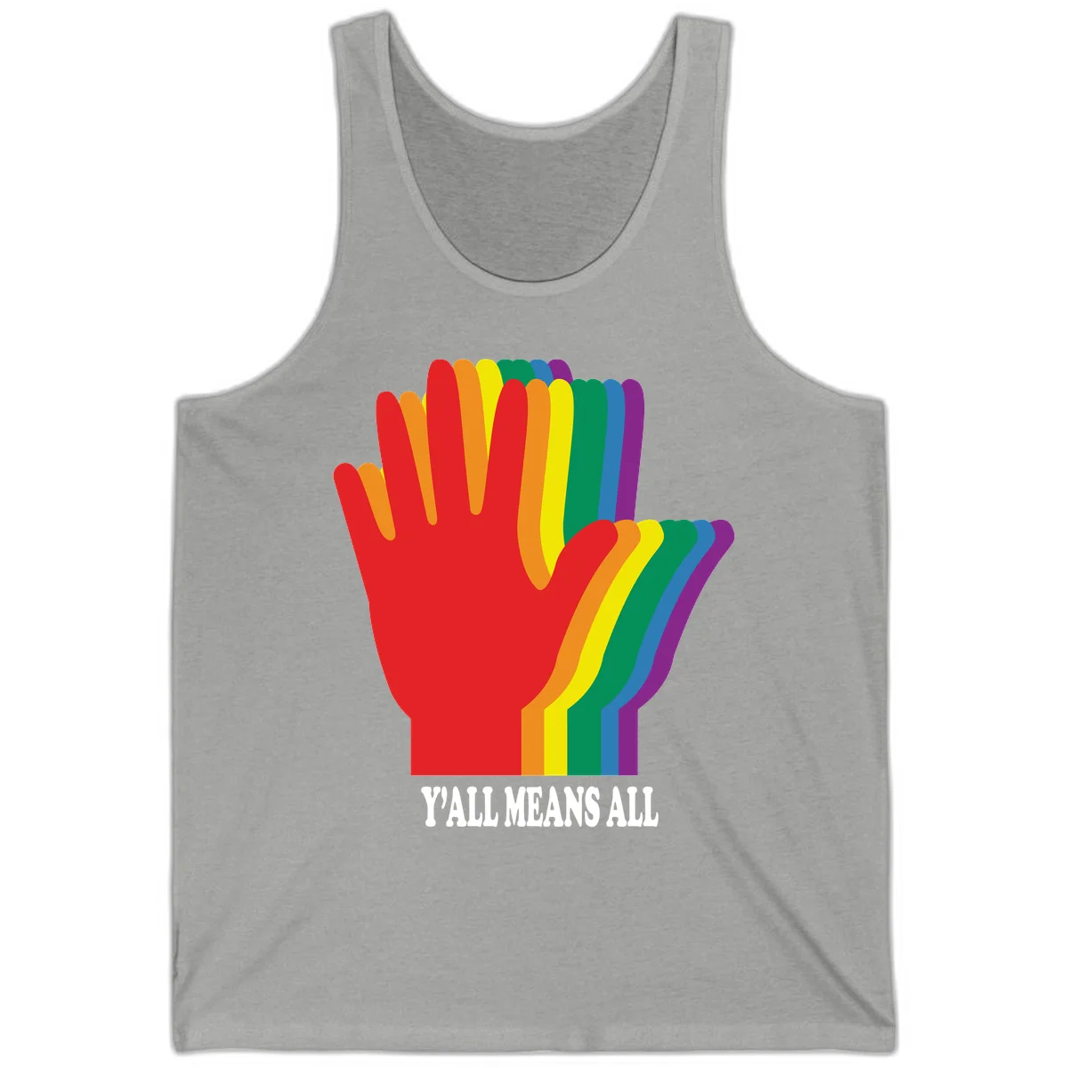 Rainbow-striped raised hand silhouette with 'Y'All Means All' text promoting inclusivity and pride in Athletic Heather