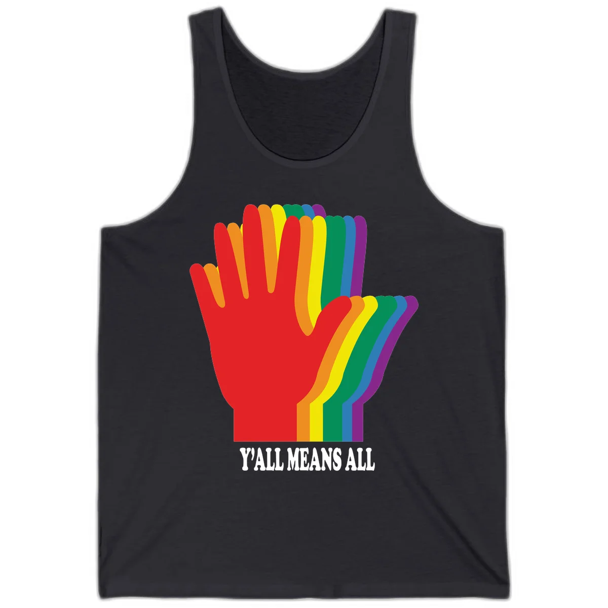 Rainbow-striped raised hand silhouette with 'Y'All Means All' text promoting inclusivity and pride in Dark Grey