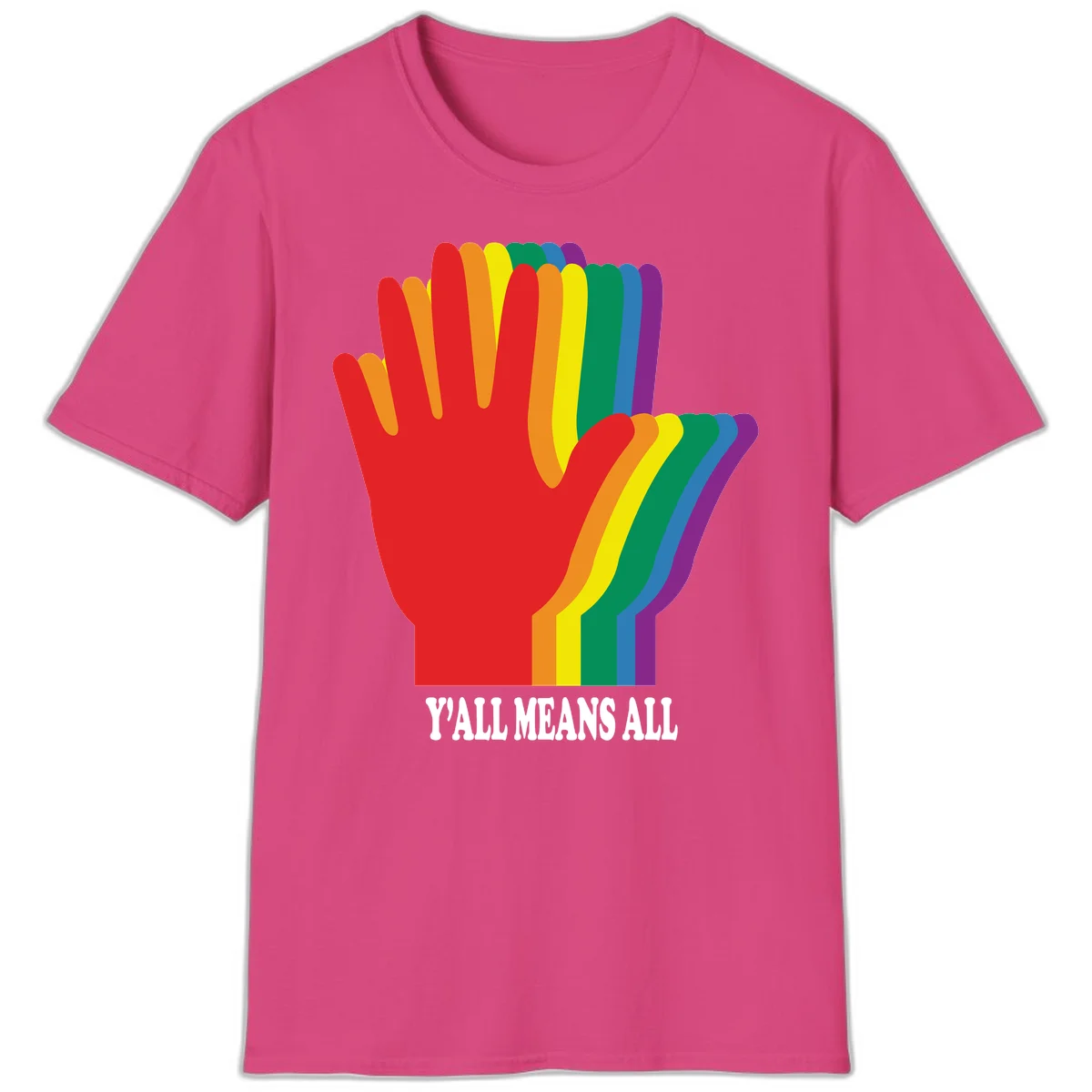 Rainbow-striped raised hand silhouette with 'Y'All Means All' text promoting inclusivity and pride in Heliconia