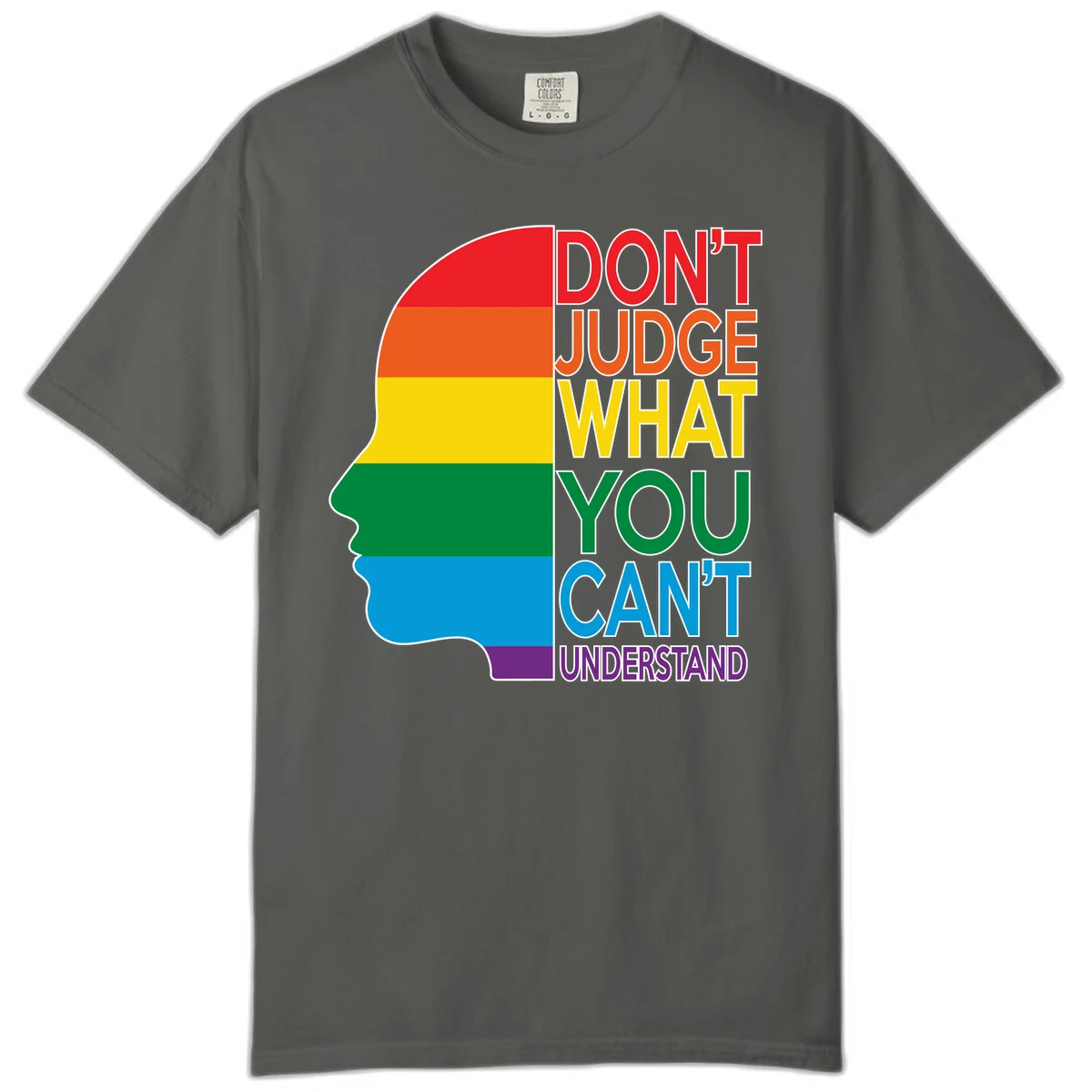 Rainbow-striped head silhouette with text 'Don't Judge What You Can't Understand' promoting LGBTQ acceptance and inclusion in Pepper