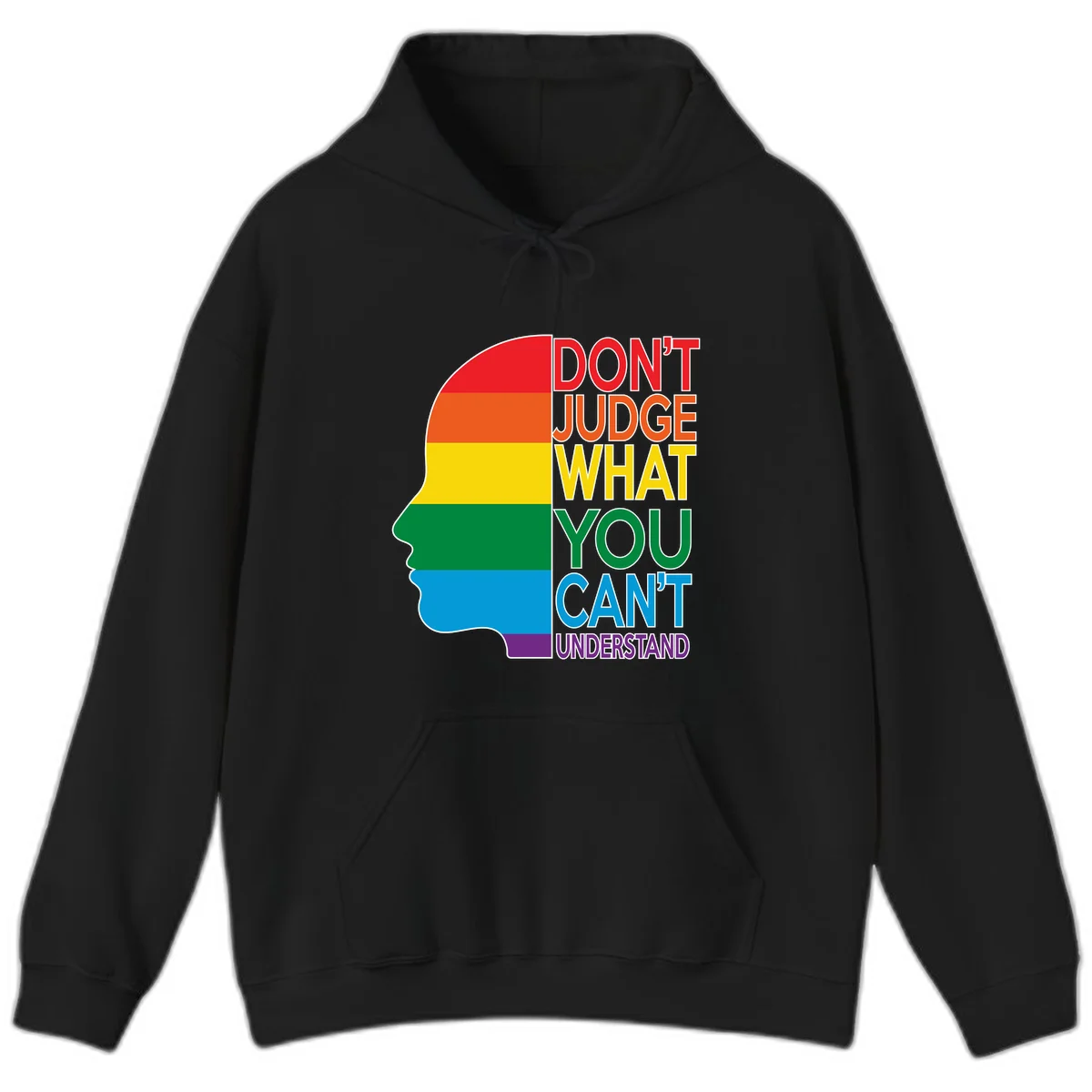 Rainbow-striped head silhouette with text 'Don't Judge What You Can't Understand' promoting LGBTQ acceptance and inclusion in Black