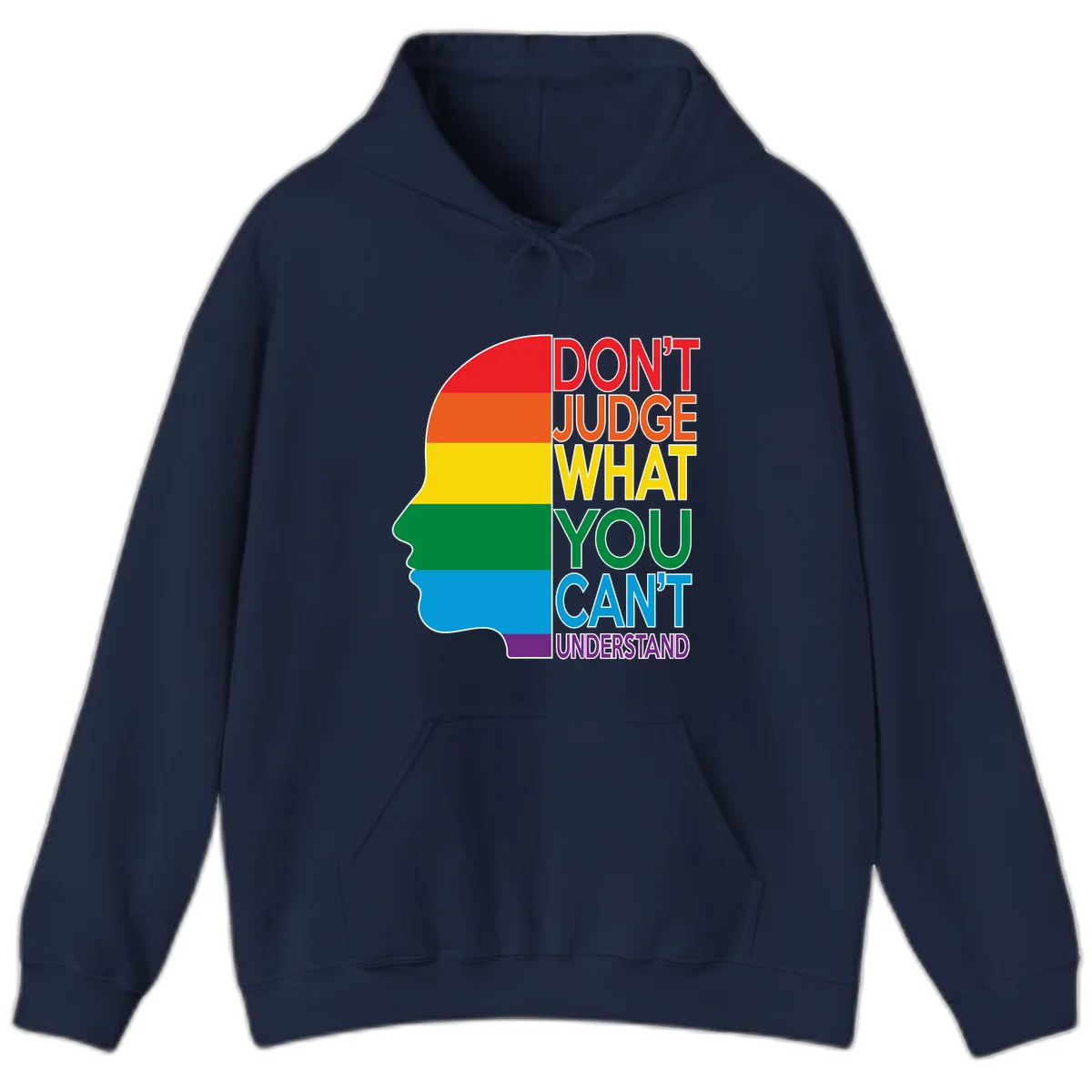 Rainbow-striped head silhouette with text 'Don't Judge What You Can't Understand' promoting LGBTQ acceptance and inclusion in Navy