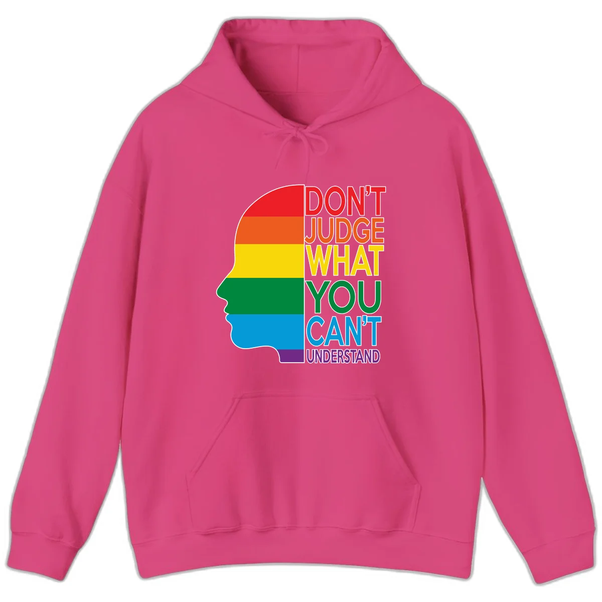 Rainbow-striped head silhouette with text 'Don't Judge What You Can't Understand' promoting LGBTQ acceptance and inclusion in Heliconia