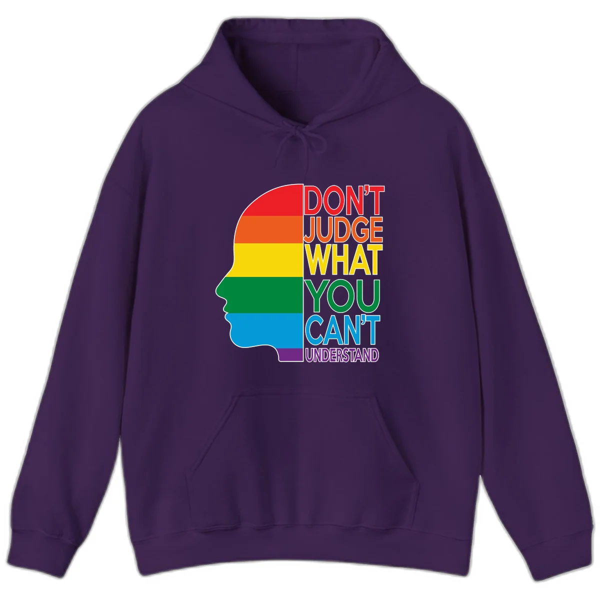 Rainbow-striped head silhouette with text 'Don't Judge What You Can't Understand' promoting LGBTQ acceptance and inclusion in Purple