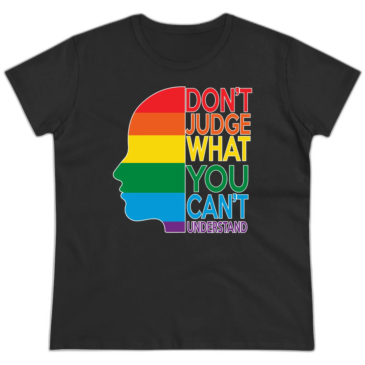 Rainbow-striped head silhouette with text 'Don't Judge What You Can't Understand' promoting LGBTQ acceptance and inclusion in Black