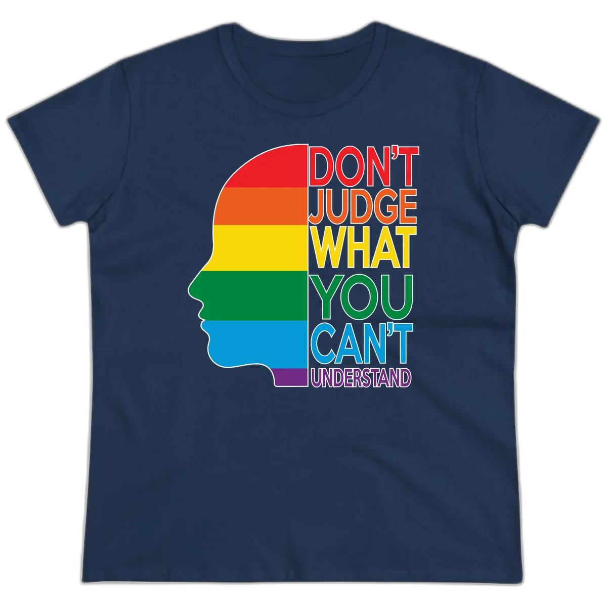 Rainbow-striped head silhouette with text 'Don't Judge What You Can't Understand' promoting LGBTQ acceptance and inclusion in Navy