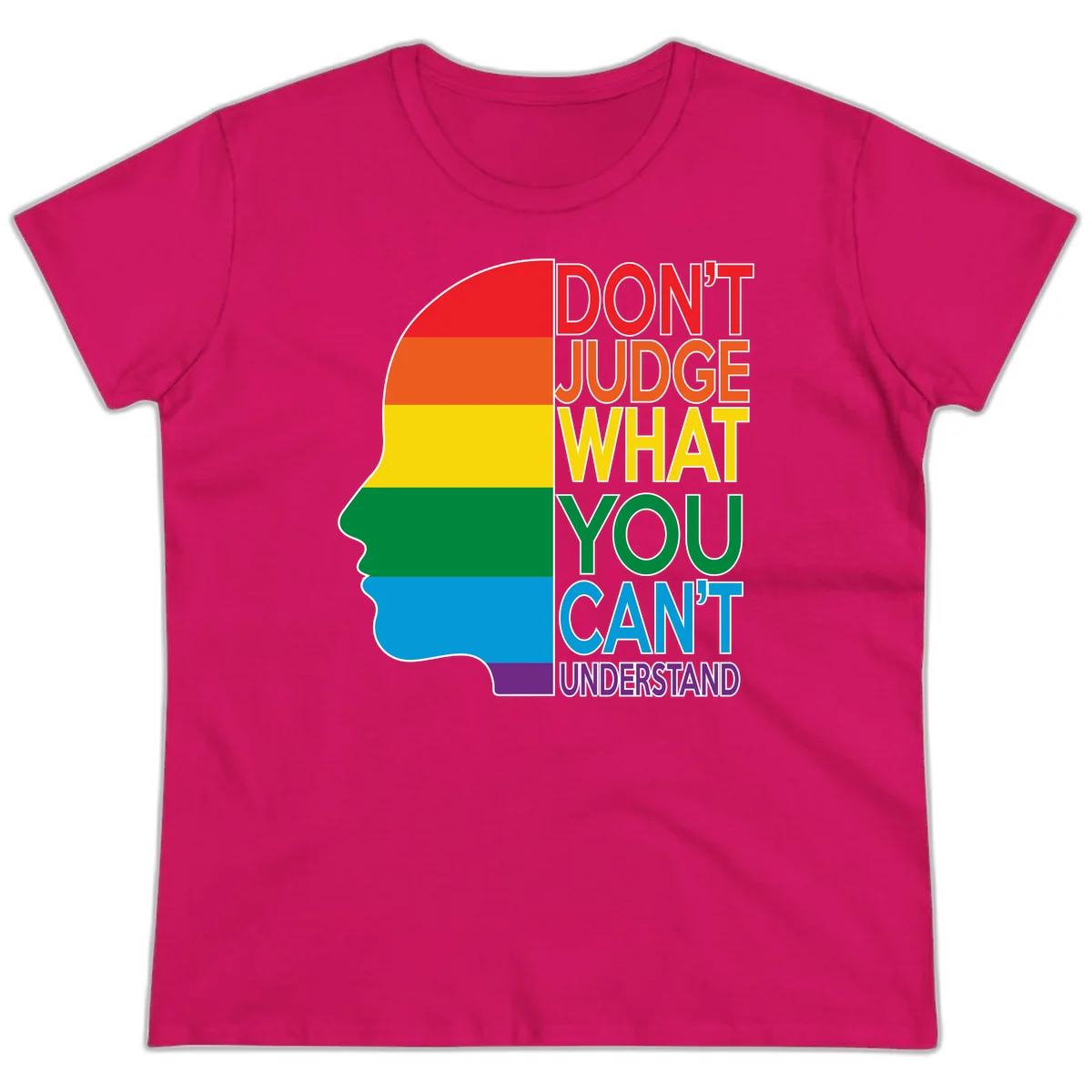 Rainbow-striped head silhouette with text 'Don't Judge What You Can't Understand' promoting LGBTQ acceptance and inclusion in Heliconia