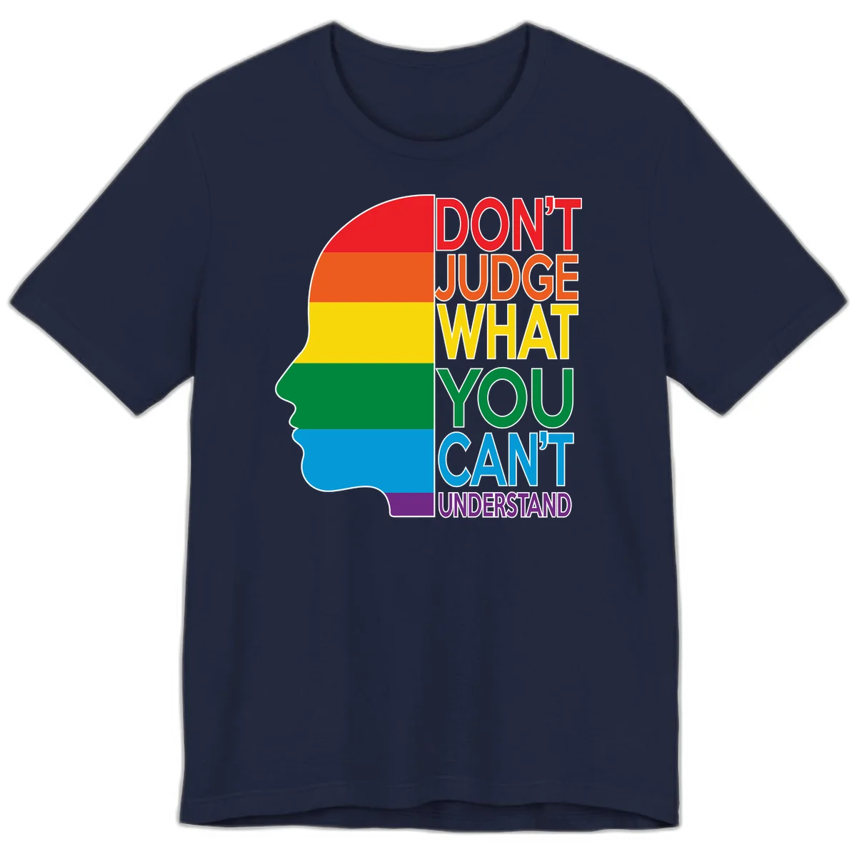 Rainbow-striped head silhouette with text 'Don't Judge What You Can't Understand' promoting LGBTQ acceptance and inclusion in Navy