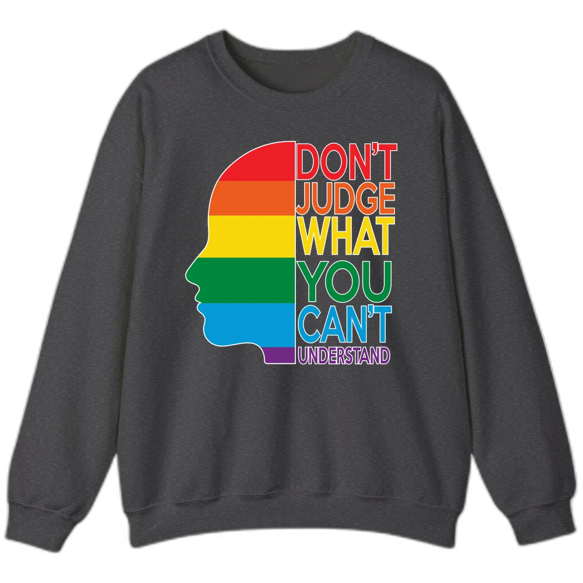 Rainbow-striped head silhouette with text 'Don't Judge What You Can't Understand' promoting LGBTQ acceptance and inclusion in Dark Heather