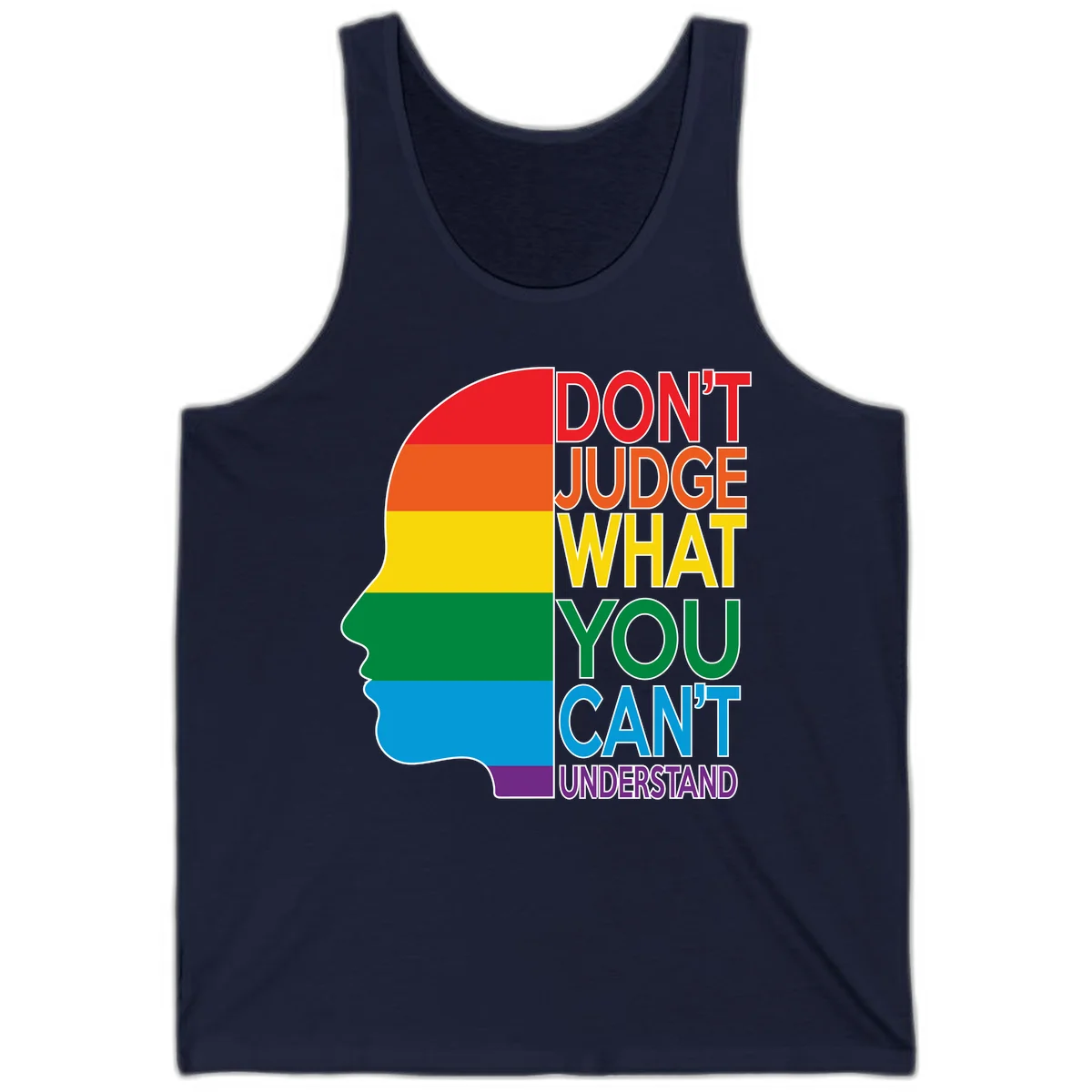 Rainbow-striped head silhouette with text 'Don't Judge What You Can't Understand' promoting LGBTQ acceptance and inclusion in Navy