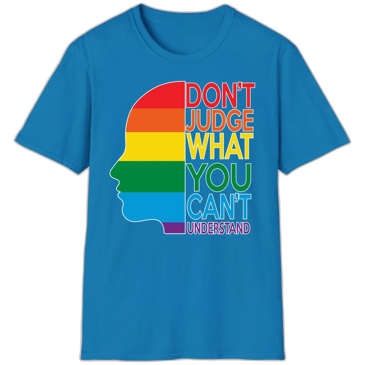 Rainbow-striped head silhouette with text 'Don't Judge What You Can't Understand' promoting LGBTQ acceptance and inclusion in Sapphire