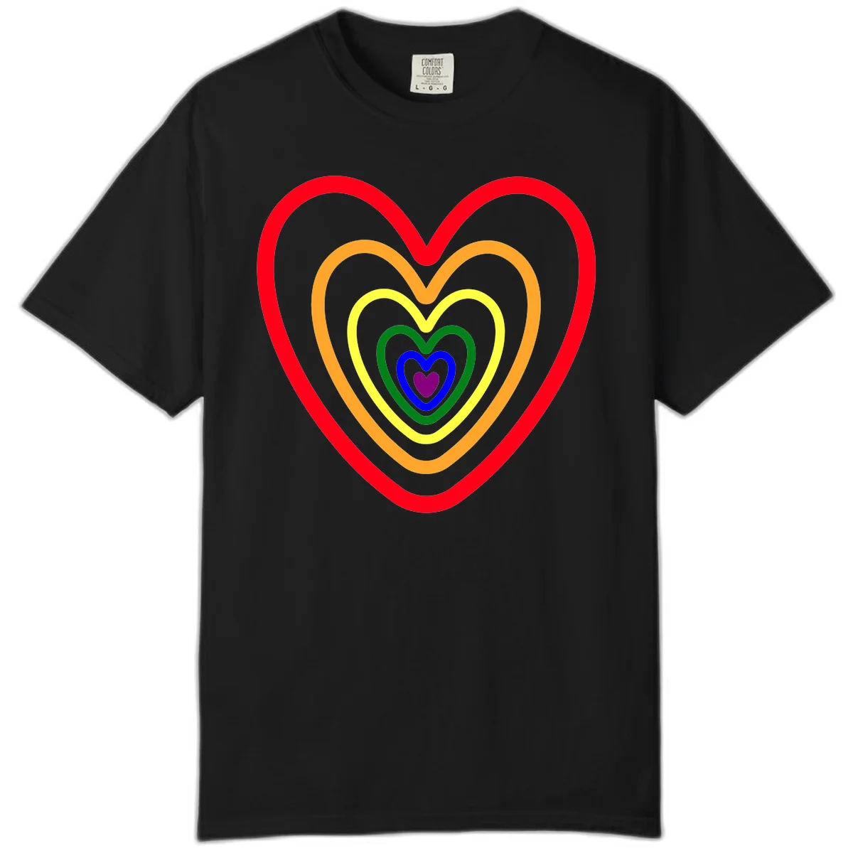 Five nested rainbow heart outlines in red, orange, yellow, green, blue, and purple with a solid purple center heart on gray background in Black