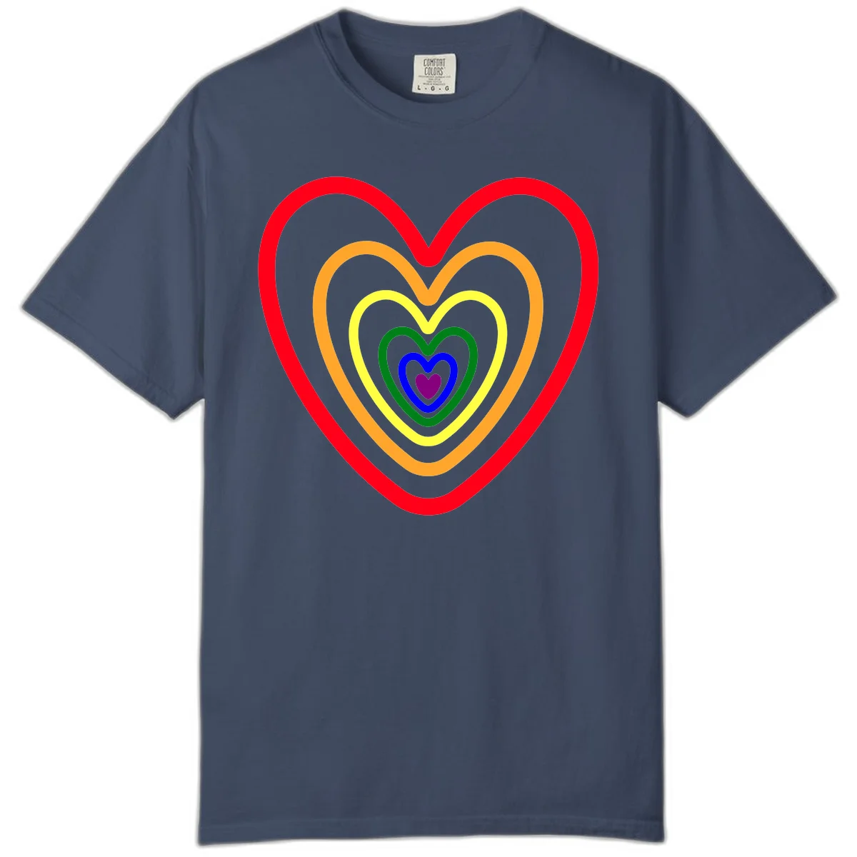 Five nested rainbow heart outlines in red, orange, yellow, green, blue, and purple with a solid purple center heart on gray background in Midnight