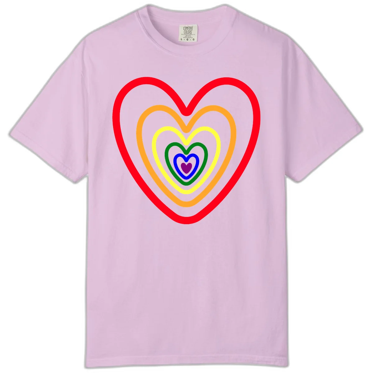 Five nested rainbow heart outlines in red, orange, yellow, green, blue, and purple with a solid purple center heart on gray background in Orchid