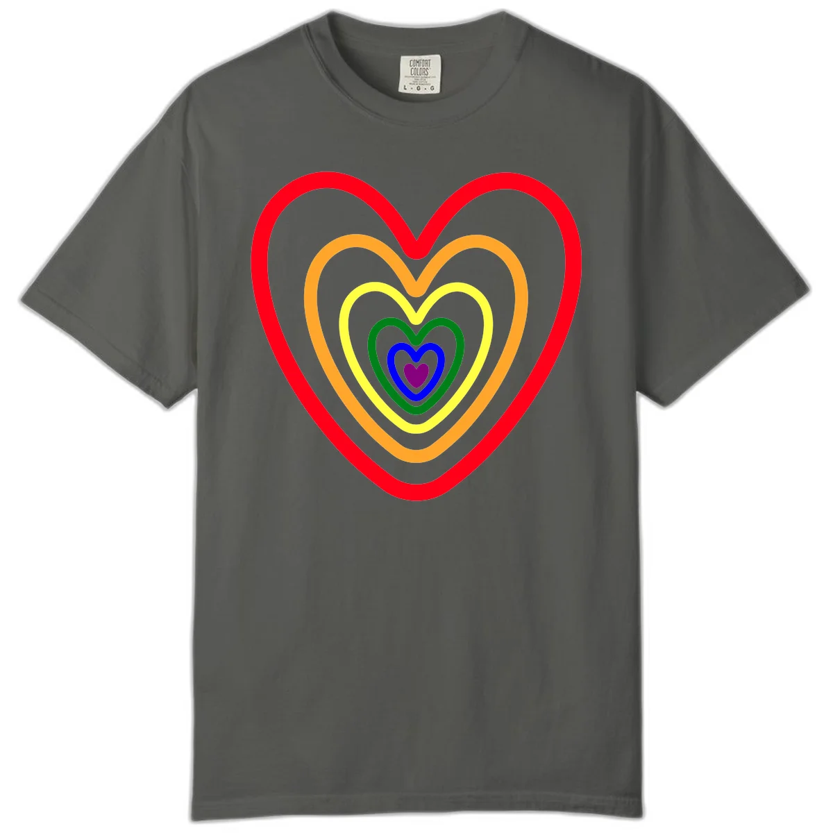 Five nested rainbow heart outlines in red, orange, yellow, green, blue, and purple with a solid purple center heart on gray background in Pepper