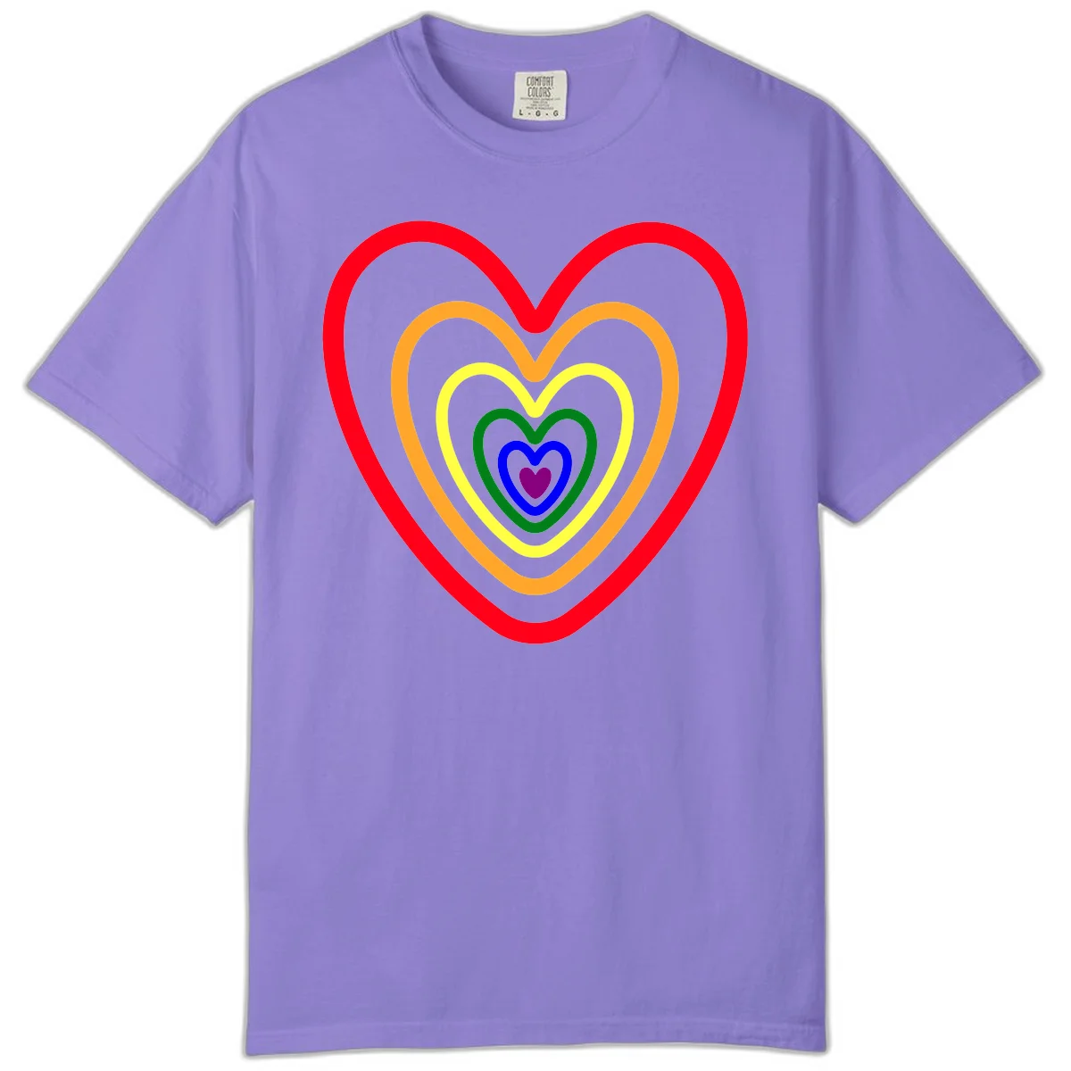 Five nested rainbow heart outlines in red, orange, yellow, green, blue, and purple with a solid purple center heart on gray background in Violet