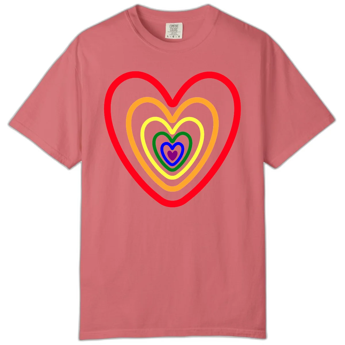 Five nested rainbow heart outlines in red, orange, yellow, green, blue, and purple with a solid purple center heart on gray background in Watermelon