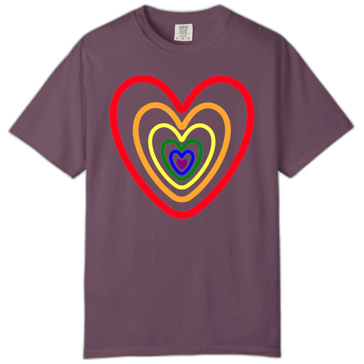 Five nested rainbow heart outlines in red, orange, yellow, green, blue, and purple with a solid purple center heart on gray background in Berry