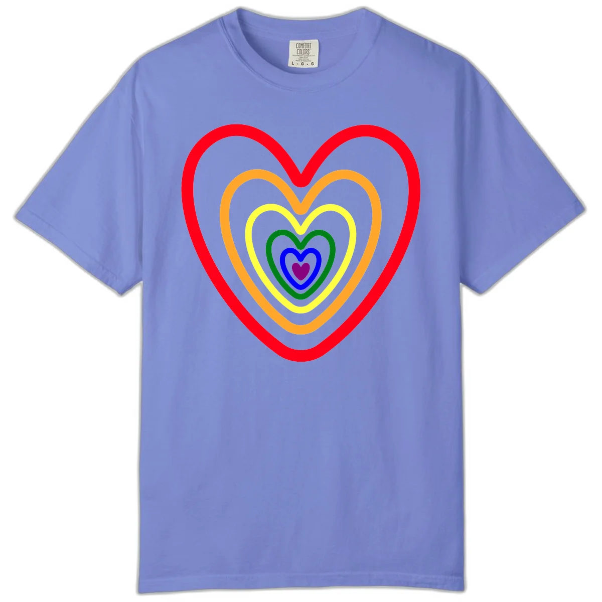 Five nested rainbow heart outlines in red, orange, yellow, green, blue, and purple with a solid purple center heart on gray background in Flo Blue