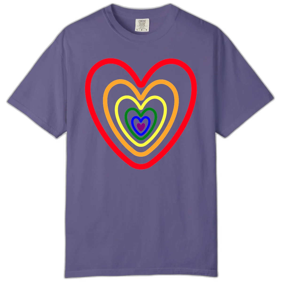 Five nested rainbow heart outlines in red, orange, yellow, green, blue, and purple with a solid purple center heart on gray background in Grape