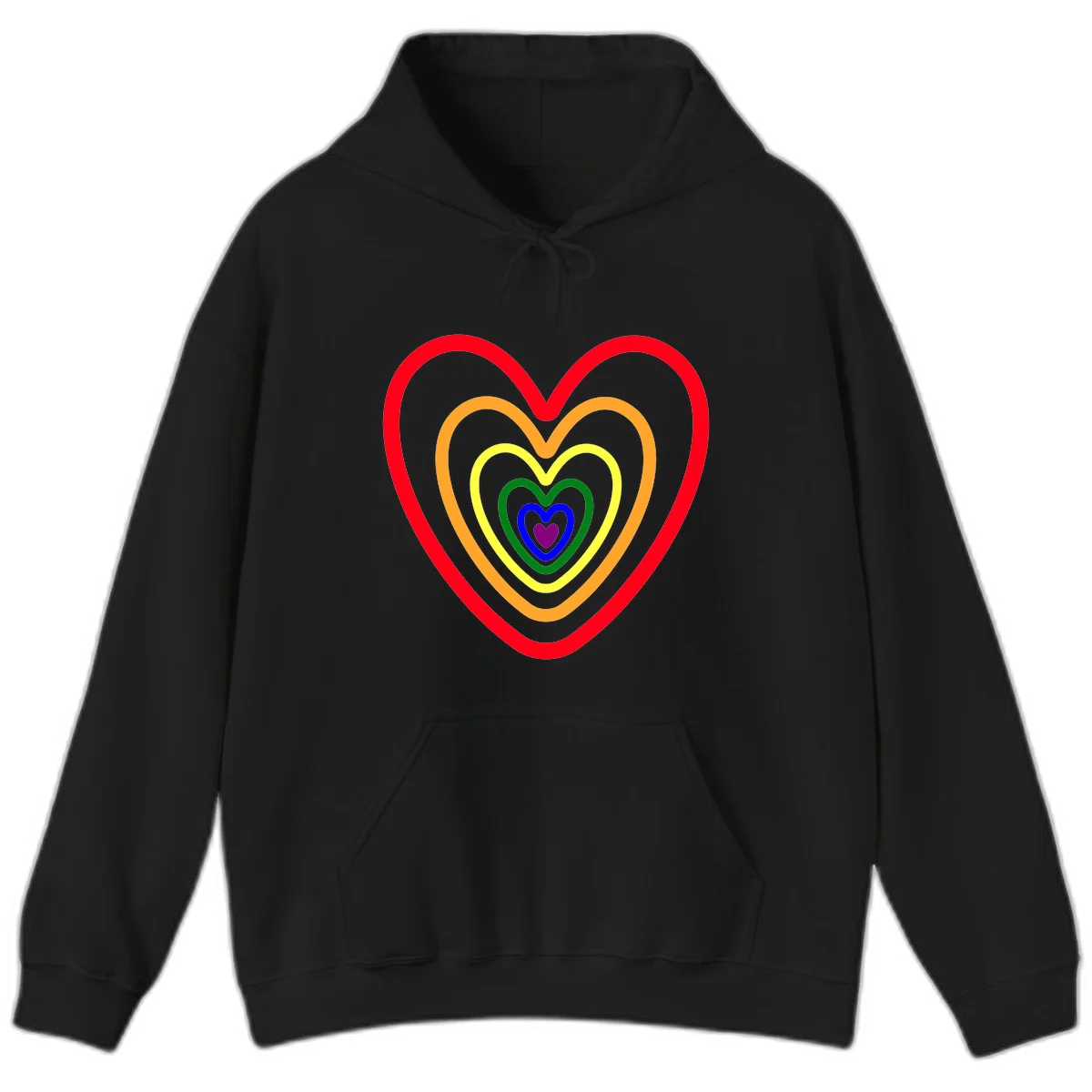 Five nested rainbow heart outlines in red, orange, yellow, green, blue, and purple with a solid purple center heart on gray background in Black