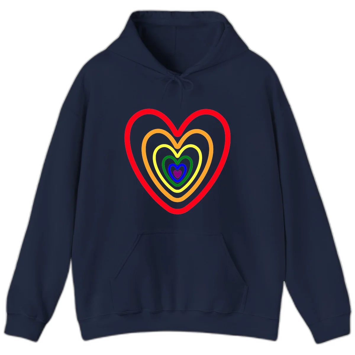 Five nested rainbow heart outlines in red, orange, yellow, green, blue, and purple with a solid purple center heart on gray background in Navy