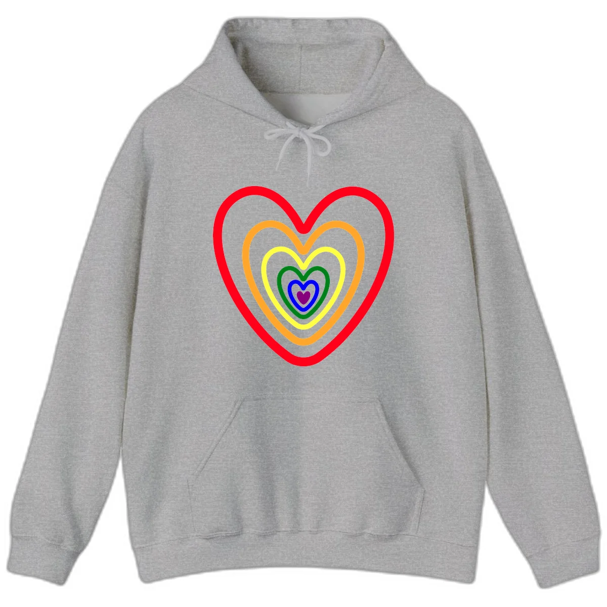 Five nested rainbow heart outlines in red, orange, yellow, green, blue, and purple with a solid purple center heart on gray background in Sport Grey