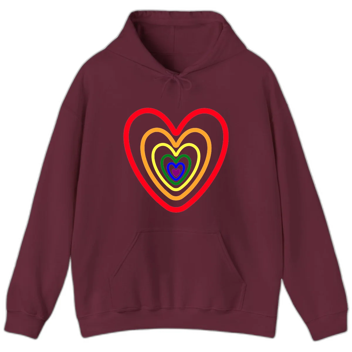 Five nested rainbow heart outlines in red, orange, yellow, green, blue, and purple with a solid purple center heart on gray background in Maroon
