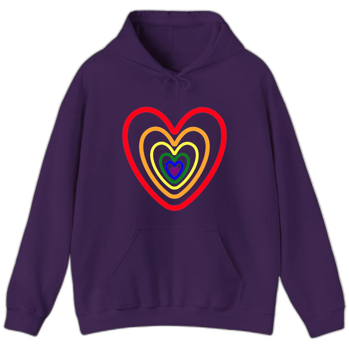 Five nested rainbow heart outlines in red, orange, yellow, green, blue, and purple with a solid purple center heart on gray background in Purple