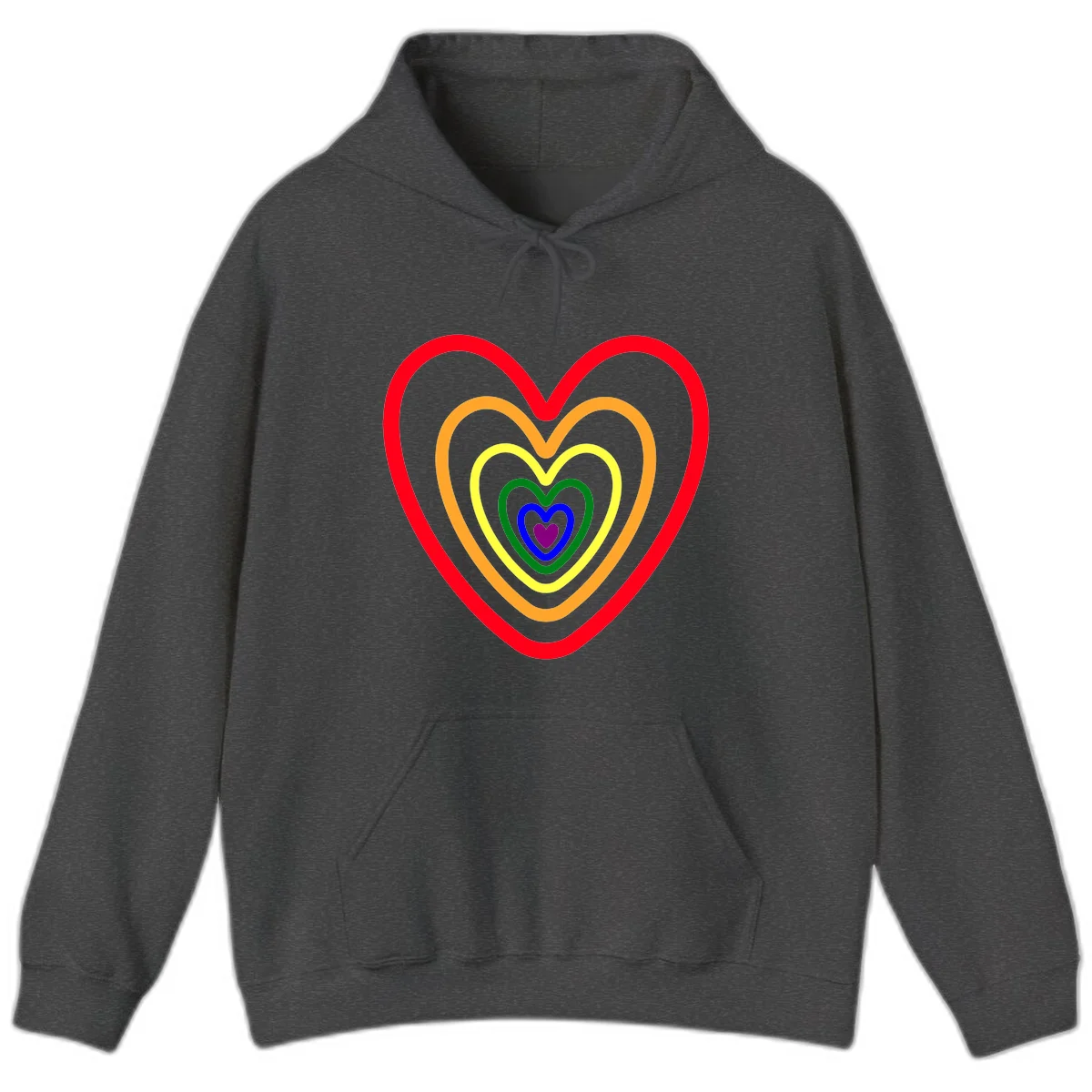 Five nested rainbow heart outlines in red, orange, yellow, green, blue, and purple with a solid purple center heart on gray background in Dark Heather