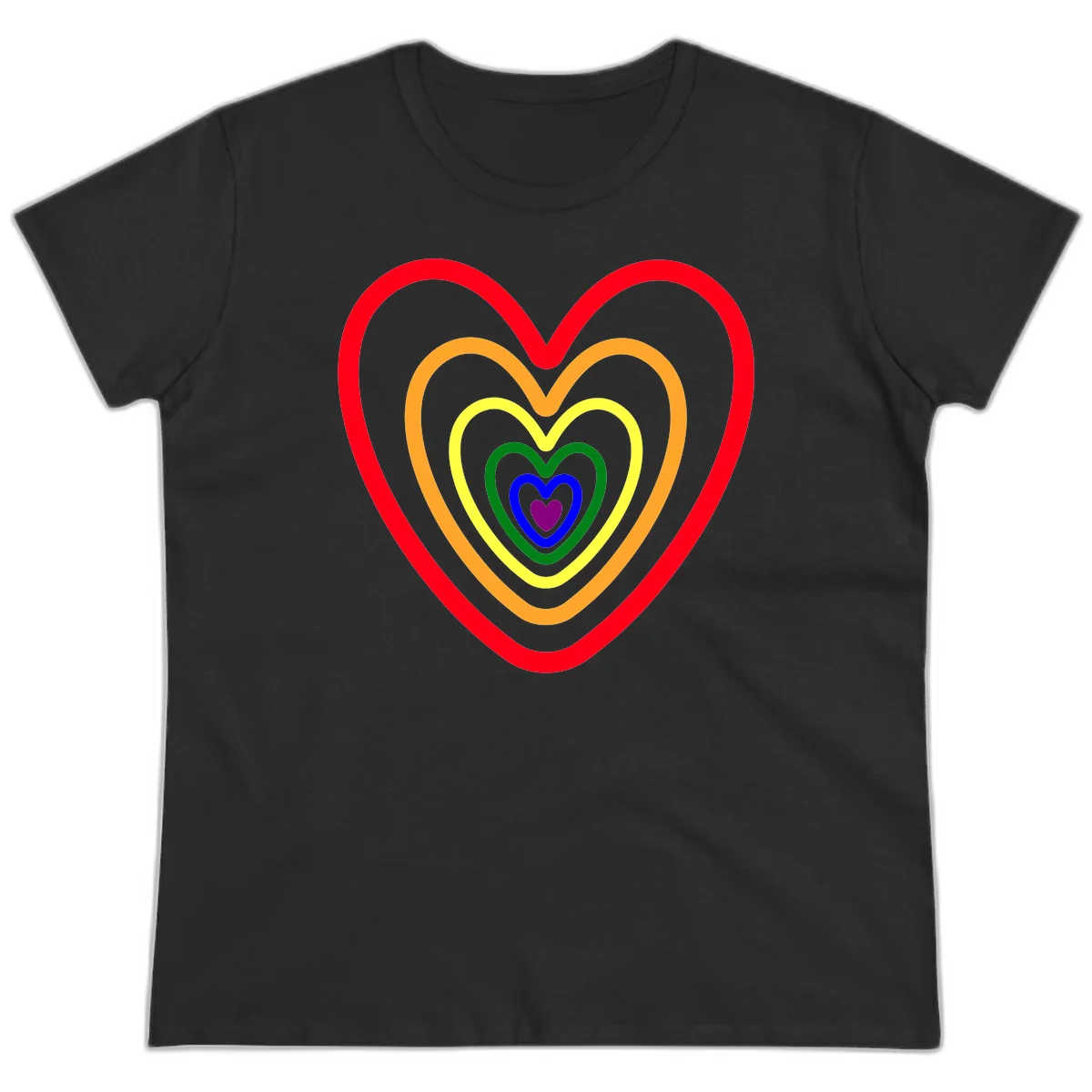 Five nested rainbow heart outlines in red, orange, yellow, green, blue, and purple with a solid purple center heart on gray background in Black