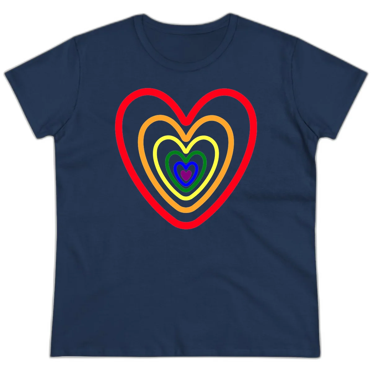 Five nested rainbow heart outlines in red, orange, yellow, green, blue, and purple with a solid purple center heart on gray background in Navy