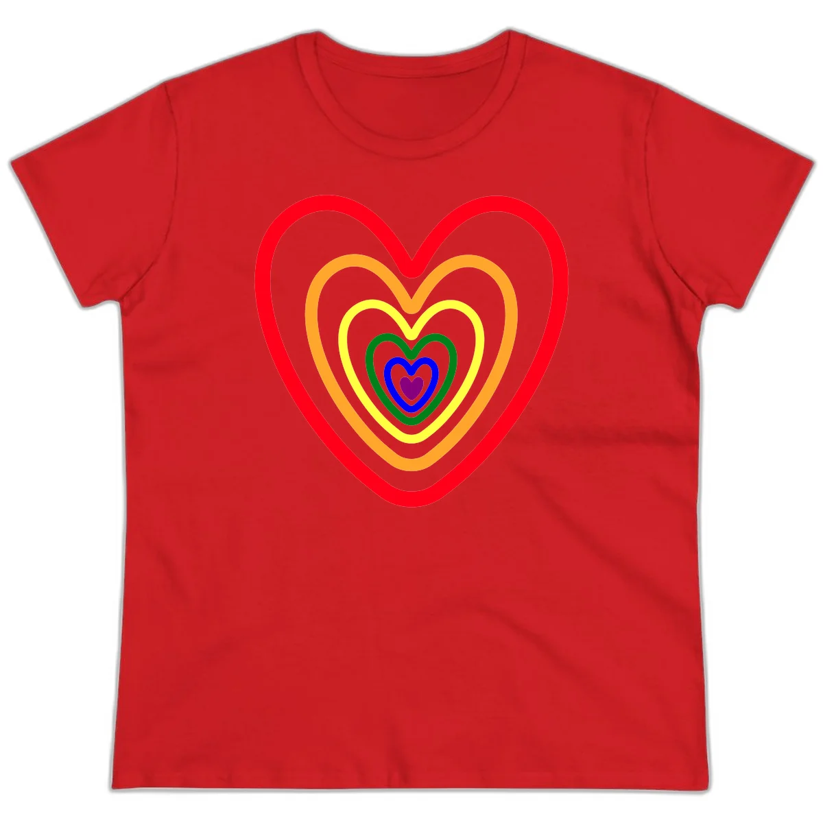 Five nested rainbow heart outlines in red, orange, yellow, green, blue, and purple with a solid purple center heart on gray background in Red