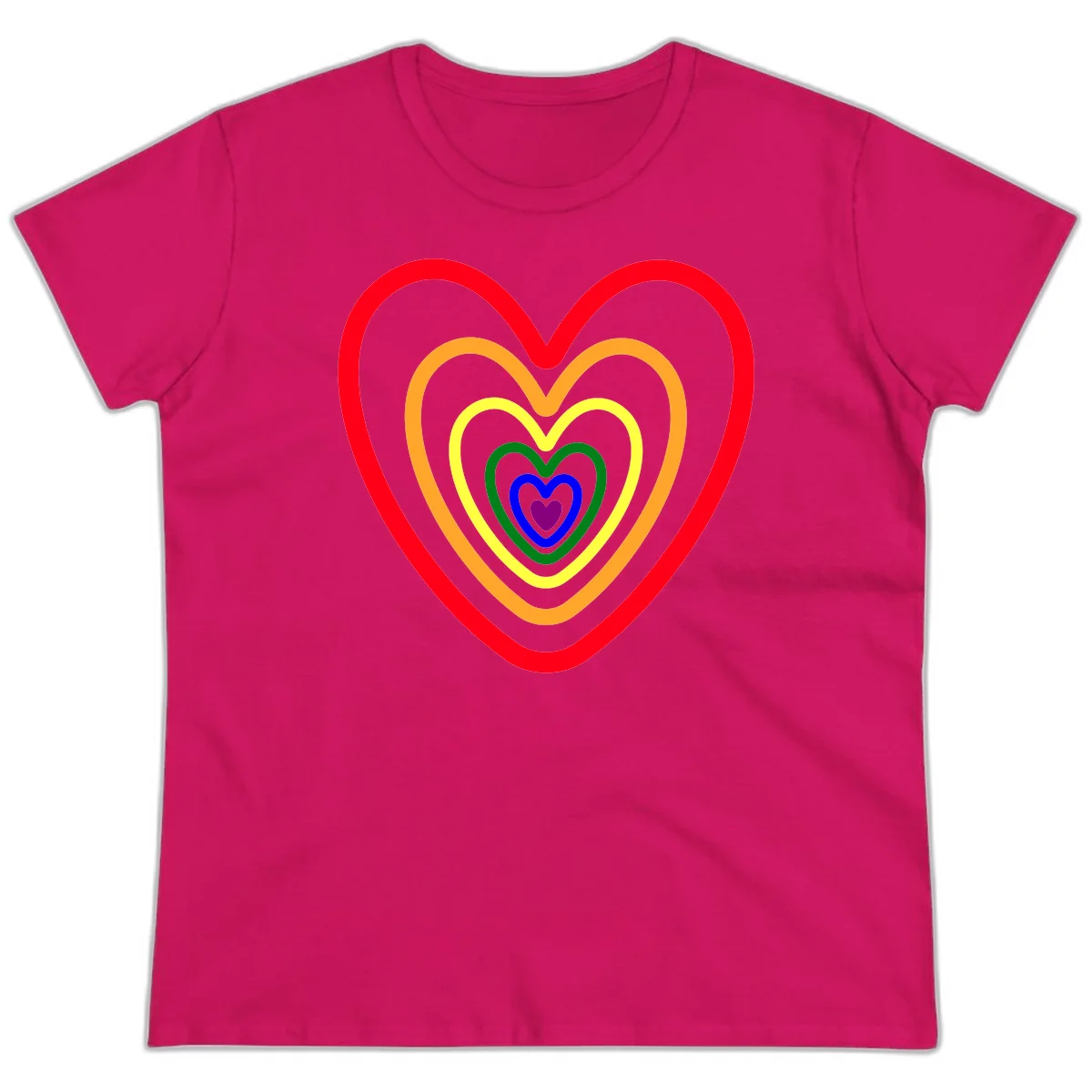 Five nested rainbow heart outlines in red, orange, yellow, green, blue, and purple with a solid purple center heart on gray background in Heliconia