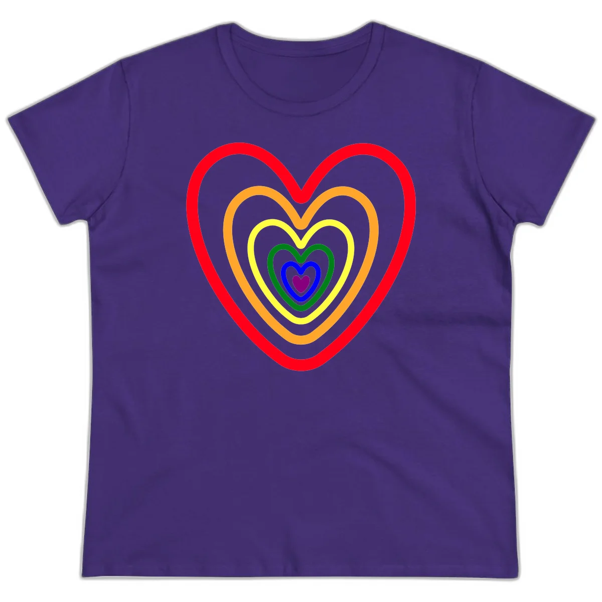 Five nested rainbow heart outlines in red, orange, yellow, green, blue, and purple with a solid purple center heart on gray background in Purple