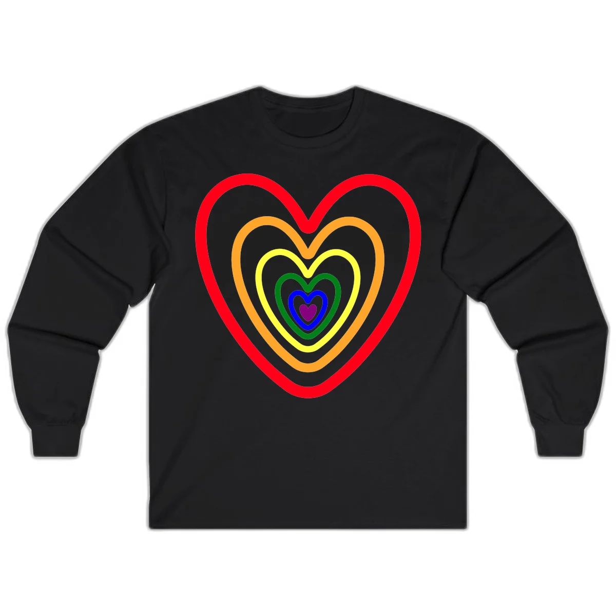 Five nested rainbow heart outlines in red, orange, yellow, green, blue, and purple with a solid purple center heart on gray background in Black