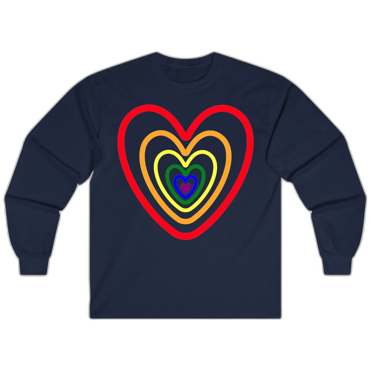 Five nested rainbow heart outlines in red, orange, yellow, green, blue, and purple with a solid purple center heart on gray background in Navy