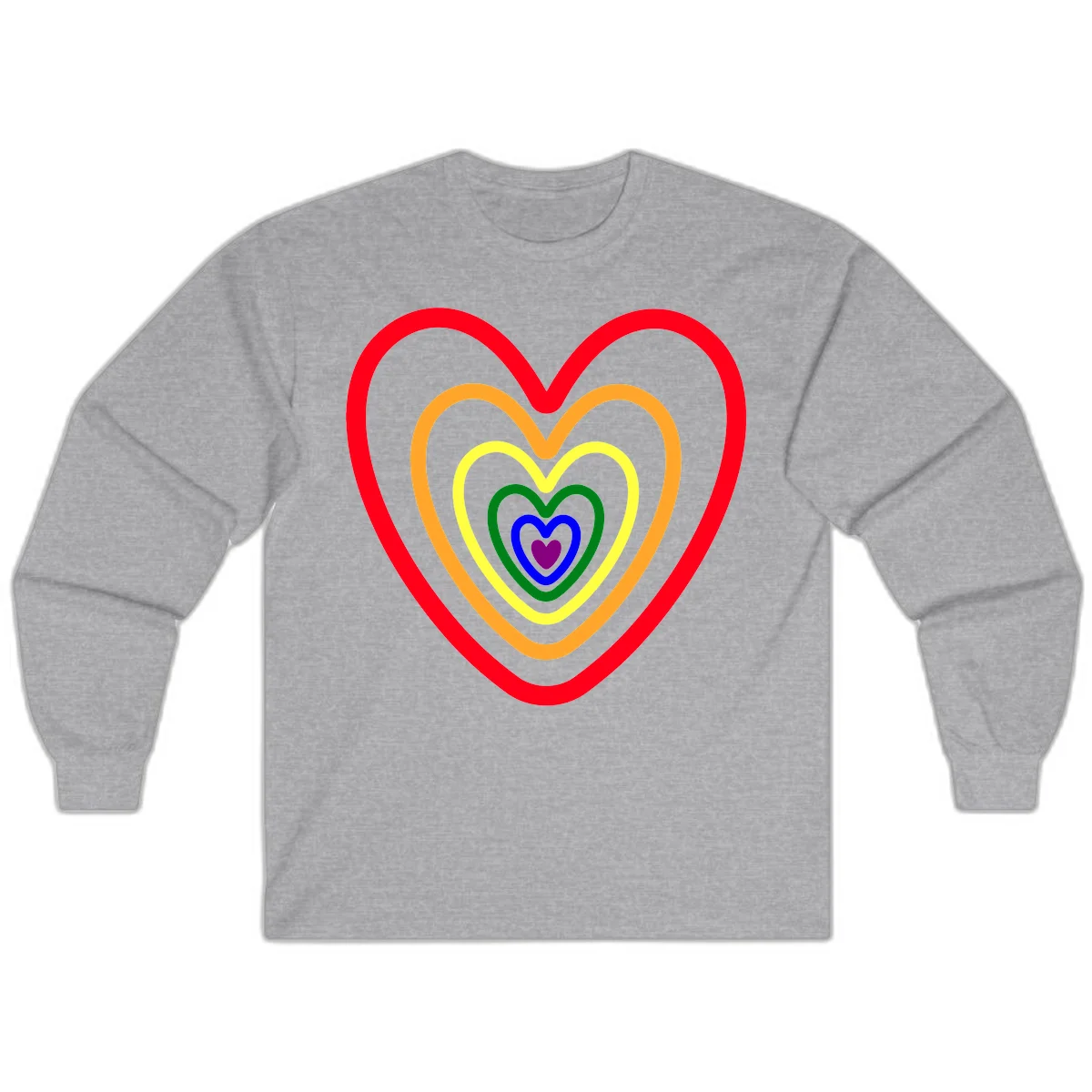 Five nested rainbow heart outlines in red, orange, yellow, green, blue, and purple with a solid purple center heart on gray background in Sport Grey