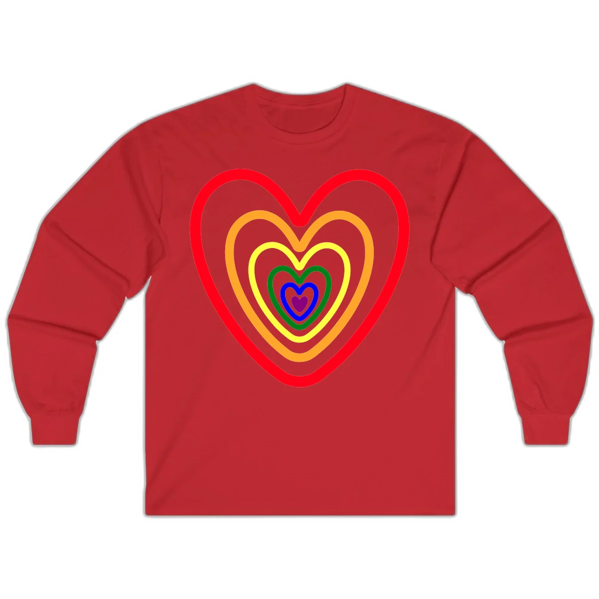 Five nested rainbow heart outlines in red, orange, yellow, green, blue, and purple with a solid purple center heart on gray background in Red