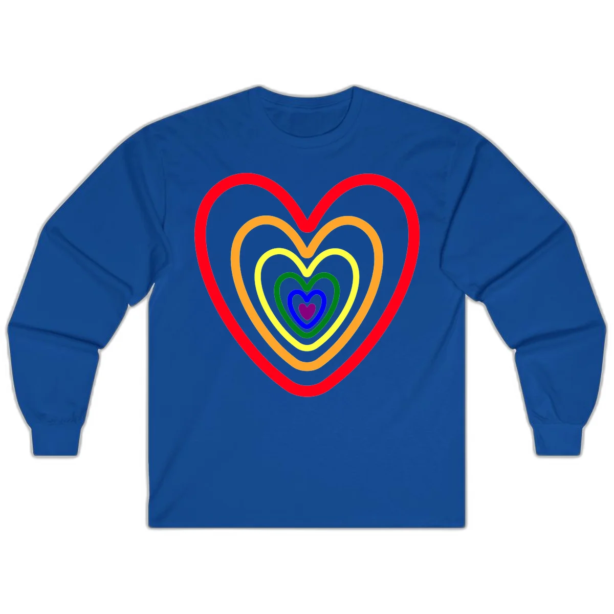 Five nested rainbow heart outlines in red, orange, yellow, green, blue, and purple with a solid purple center heart on gray background in Royal