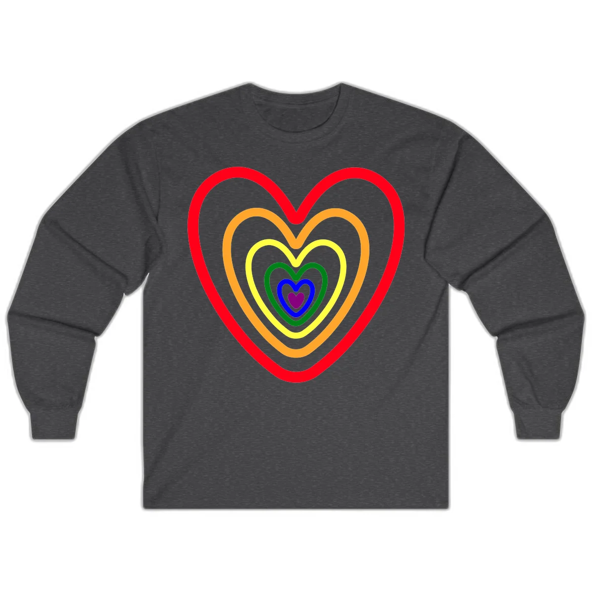 Five nested rainbow heart outlines in red, orange, yellow, green, blue, and purple with a solid purple center heart on gray background in Dark Heather